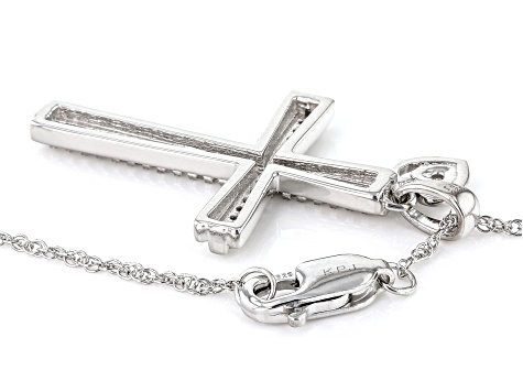 White Diamond Rhodium Over Sterling Silver Cross Pendant With 18" Rope Chain 0.15ctw
