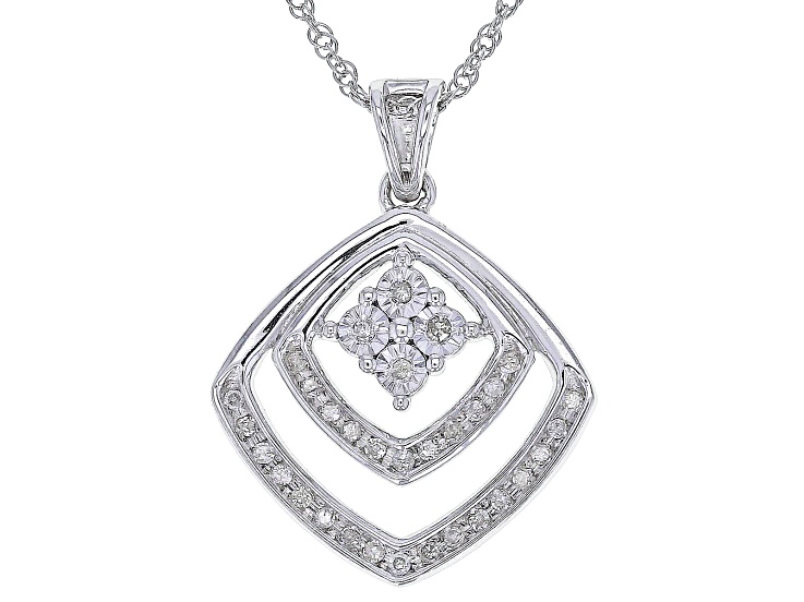 White Diamond Rhodium Over Sterling Silver Drop Pendant With 18" Rope Chain 0.10ctw