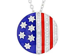 White Diamond With Blue & Red Ceramic Rhodium Over Sterling Silver Flag Slide Pendant 0.20ctw