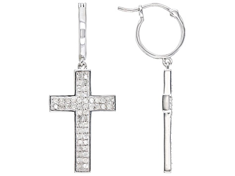 White Diamond Rhodium Over Sterling Silver Cross Hoop Earrings 0.90ctw