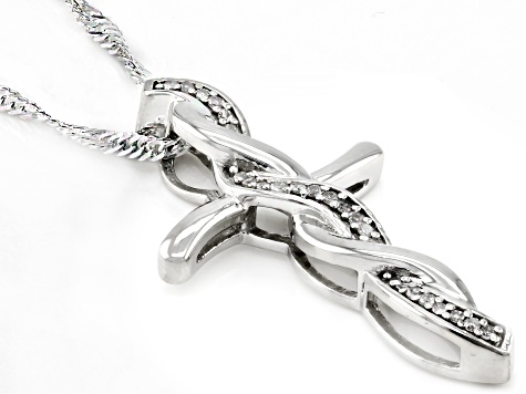 White Diamond Accent Rhodium Over Sterling Silver Cross Pendant With 18" Singapore Chain