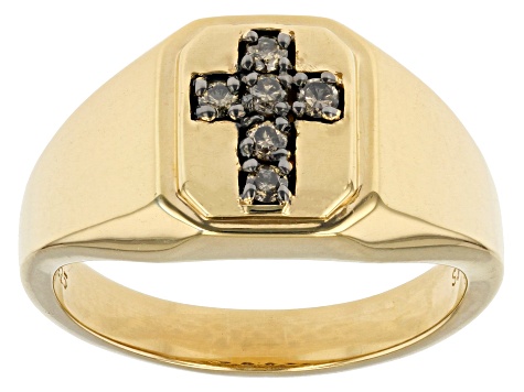 Champagne Diamond 18k Yellow Gold Over Sterling Silver Mens Cross Ring 0.15ctw
