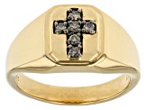 Champagne Diamond 18k Yellow Gold Over Sterling Silver Mens Cross Ring 0.15ctw