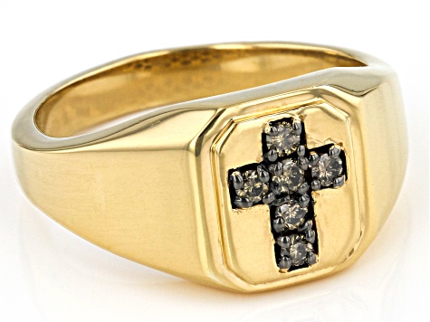 Champagne Diamond 18k Yellow Gold Over Sterling Silver Mens Cross Ring 0.15ctw