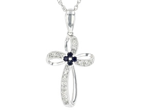 Blue Sapphire And White Diamond Rhodium Over Sterling Silver Cross Pendant With Rope Chain 0.15ctw