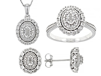 White Diamond Rhodium Over Sterling Silver Pendant, Earring And Ring Jewelry Set 0.25ctw