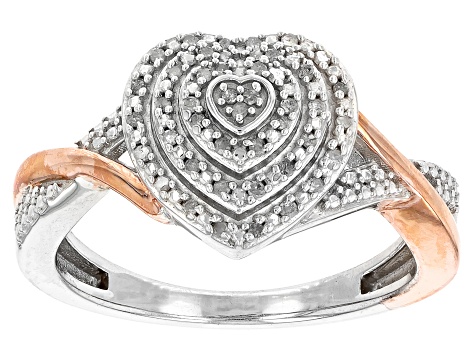 White Diamond Rhodium And 14k Rose Gold Over Sterling Silver Heart Ring 0.15ctw