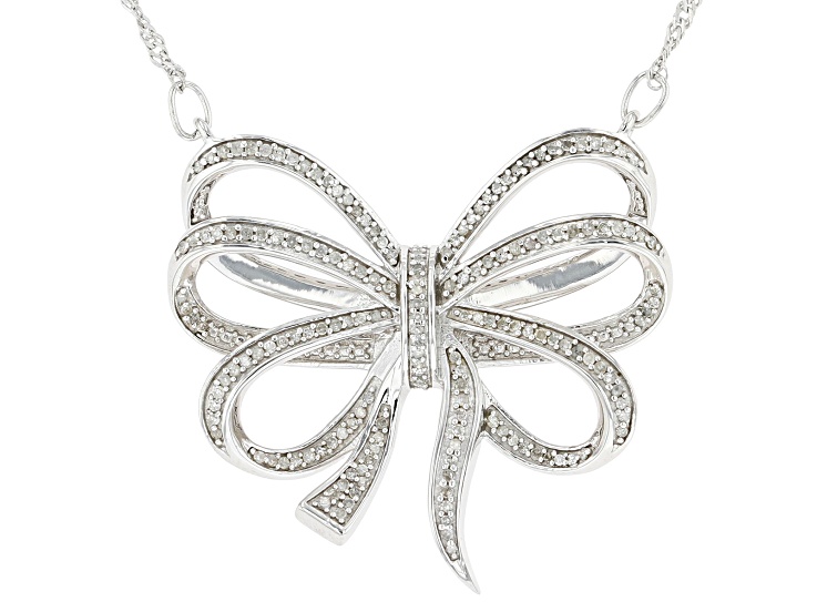 White Diamond Rhodium Over Sterling Silver Bow Necklace 0.55