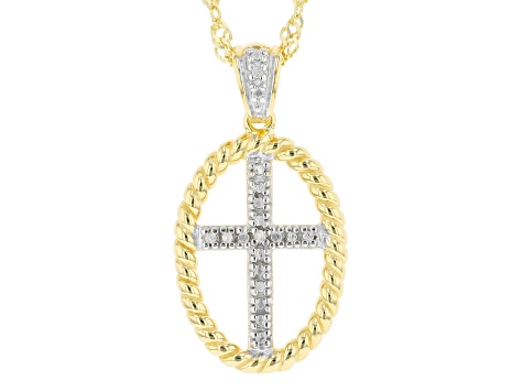 White Diamond Accent 18k Yellow Gold Over Sterling Silver Cross Pendant With 18" Singapore Chain