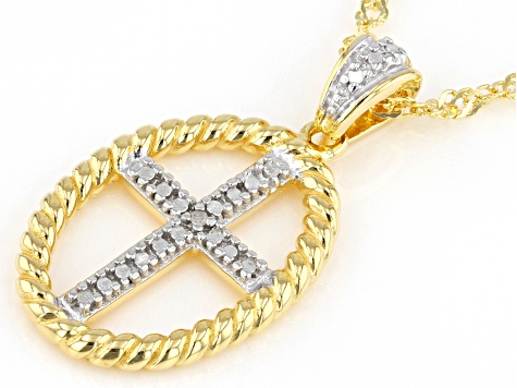 White Diamond Accent 18k Yellow Gold Over Sterling Silver Cross Pendant With 18" Singapore Chain