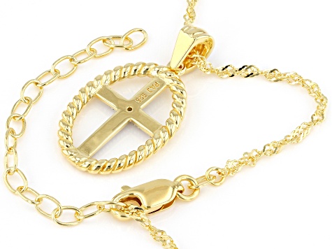 White Diamond Accent 18k Yellow Gold Over Sterling Silver Cross Pendant With 18" Singapore Chain