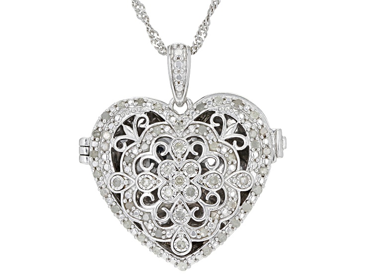 White Diamond Rhodium Over Sterling Silver Heart Locket