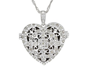 White Diamond Rhodium Over Sterling Silver Heart Locket Pendant With 18" Singapore Chain 0.45ctw