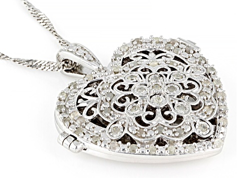 White Diamond Rhodium Over Sterling Silver Heart Locket Pendant With 18" Singapore Chain 0.45ctw