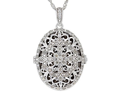 White Diamond Rhodium Over Sterling Silver Oval Locket Pendant With 18" Singapore Chain 0.45ctw