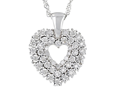 White Diamond Rhodium Over Sterling Silver Heart Pendant With 18" Singapore Chain 0.25ctw