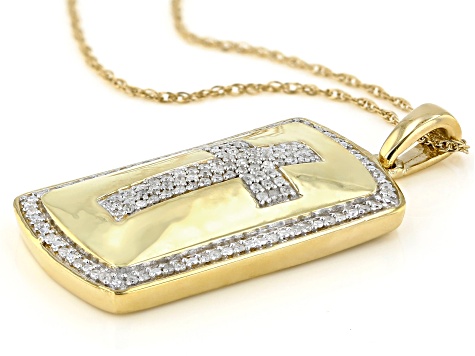 White Diamond 14k Yellow Gold Over Sterling Silver Mens Dog Tag Cross Pendant With Chain 0.35ctw