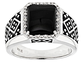 Black Onyx And White Diamond Rhodium Over Sterling Silver Mens Center Design Ring 3.46ctw