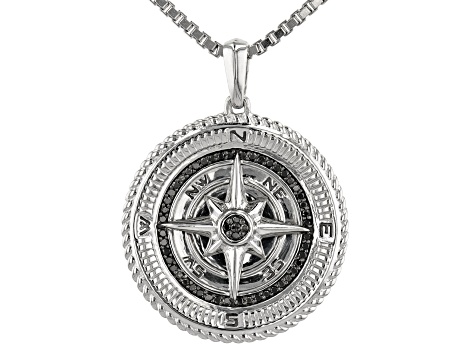 Black Diamond Rhodium Over Sterling Silver Mens Compass Pendant 0.25ctw