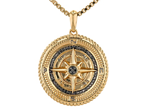 Black Diamond 14k Yellow Gold Over Sterling Silver Mens Compass Pendant 0.25ctw