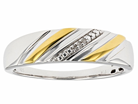 Diamond Accent Rhodium And 14k Yellow Gold Over Sterling Silver Mens Band Ring