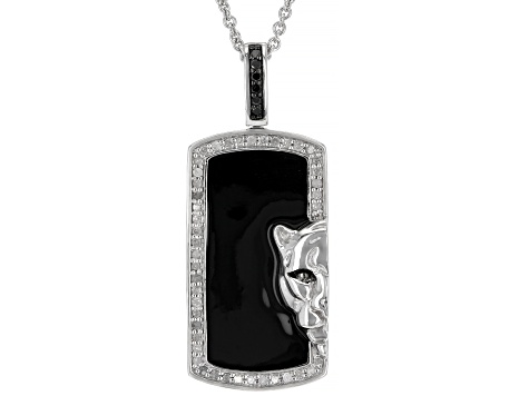 White & Black Diamond with Black Enamel Rhodium Over Sterling Silver Mens Panther Pendant 0.25ctw