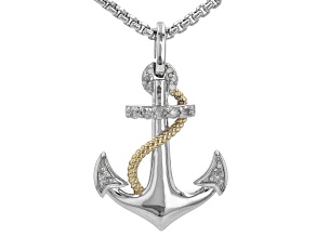 White Diamond Rhodium & 14k Yellow Gold Over Sterling Silver Mens Anchor Pendant With Chain 0.15ctw