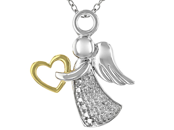 White Diamond Accent Rhodium Over Sterling Silver Two-Tone Angel Pendant With 18" Cable Chain