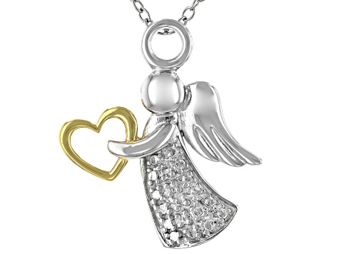 White Diamond Accent Rhodium Over Sterling Silver Two-Tone Angel Pendant  With 18 Cable Chain