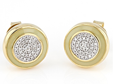 White Diamond And Green Enamel 14k Yellow Gold Over Sterling Silver Stud Earrings 0.10ctw