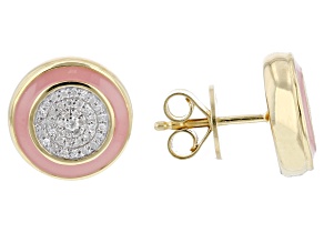 White Diamond And Pink Enamel 14k Yellow Gold Over Sterling Silver Stud Earrings 0.10ctw