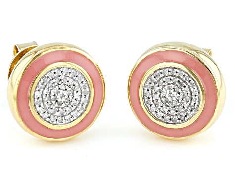 White Diamond And Pink Enamel 14k Yellow Gold Over Sterling Silver Stud Earrings 0.10ctw