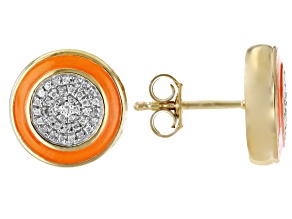 White Diamond And Orange Enamel 14k Yellow Gold Over Sterling Silver Stud Earrings 0.10ctw