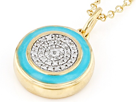 Diamond Accent And Teal Enamel 14k Yellow Gold Over Sterling Silver Pendant With 20" Cable Chain