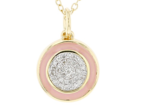 Diamond Accent And Pink Enamel 14k Yellow Gold Over Sterling Silver Pendant With 20" Cable Chain