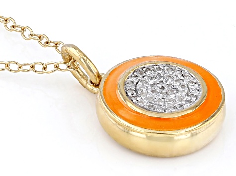 Diamond Accent And Orange Enamel 14k Yellow Gold Over Sterling Silver Pendant With 20" Cable Chain