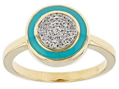 White Diamond Accent And Teal Enamel 14k Yellow Gold Over Sterling Silver Cluster Ring