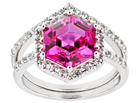 Pink Lab Created Sapphire Rhodium Over Sterling Silver Ring Set 3.89ctw