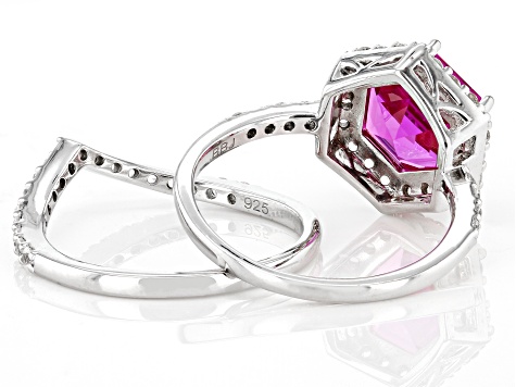 Pink Lab Created Sapphire Rhodium Over Sterling Silver Ring Set 3.89ctw