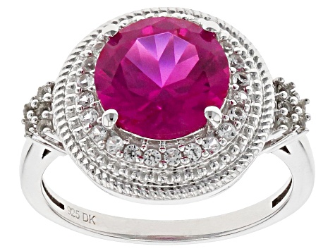 Pink Lab Created Sapphire Rhodium Over Sterling Silver Halo Ring 2.70ctw