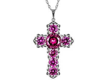 Picture of Pink Lab Created Sapphire Rhodium Over Sterling Silver Cross Pendant With Chain 10.47ctw