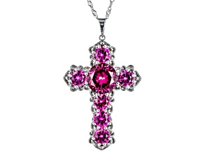 Pink Lab Created Sapphire Rhodium Over Sterling Silver Cross Pendant With Chain 10.47ctw