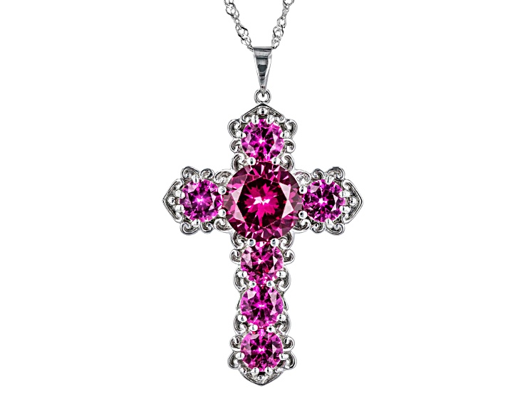 Pink Lab Created Sapphire Rhodium Over Sterling Silver Cross Pendant With  Chain 10.47ctw