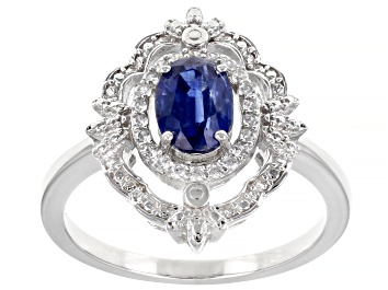 Picture of Blue Kyanite And White Zircon Rhodium Over Sterling Silver Ring 0.98ctw