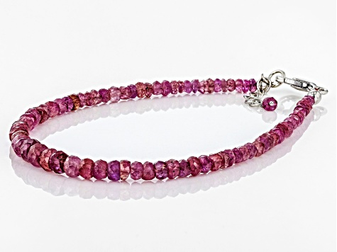 Red Ruby Rhodium Over Sterling Silver Beaded Bracelet