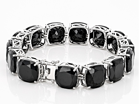 Black Spinel Rhodium Over Sterling Silver Tennis Bracelet 120.00ctw