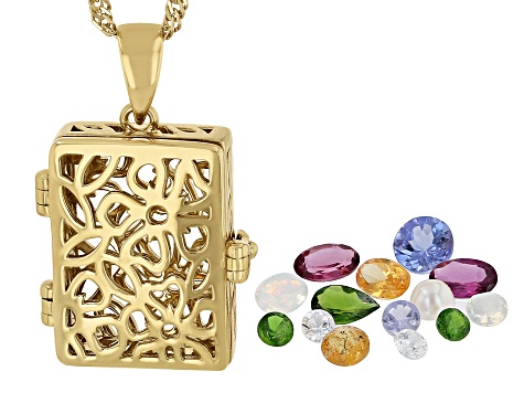 Multicolor Mixed Gemstones 18k Yellow Gold Over Silver Prayer Box Pendant With Chain 2.00ctw