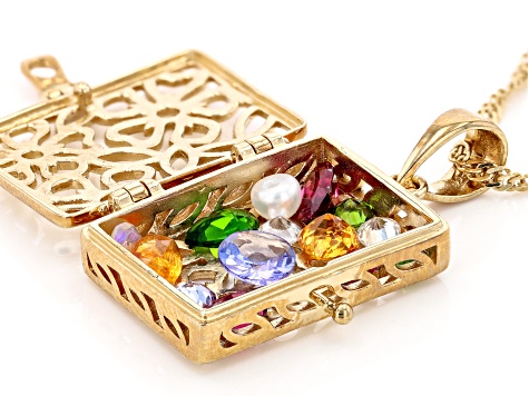 Multicolor Mixed Gemstones 18k Yellow Gold Over Silver Prayer Box Pendant With Chain 2.00ctw