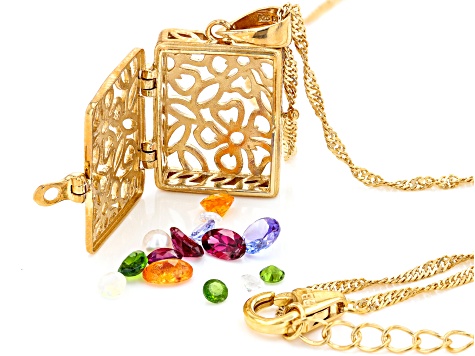 Multicolor Mixed Gemstones 18k Yellow Gold Over Silver Prayer Box Pendant With Chain 2.00ctw