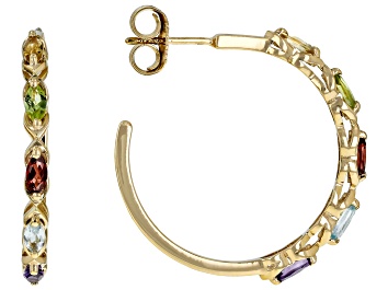 Picture of Multi Color Multi Gemstone 18k Yellow Gold Over Sterling Silver Hoop Earrings 1.42ctw
